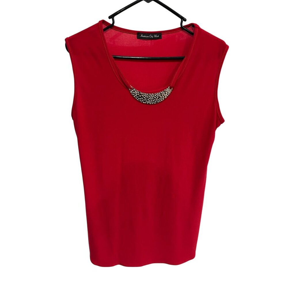 American City Wear Red Sleeveless Top Size M Metallic Necklace Accent Shirt Glam